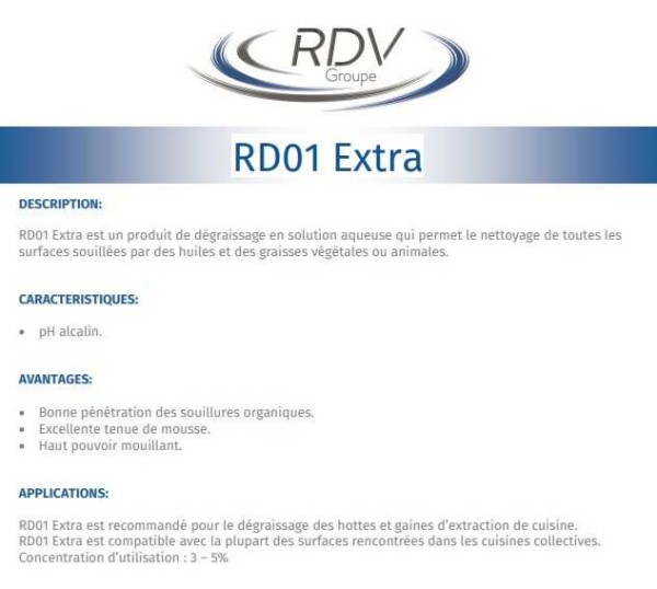 Dégraissant  Alcalin Moussant RD01 le bidon de 5 litres Hotte de cuisine